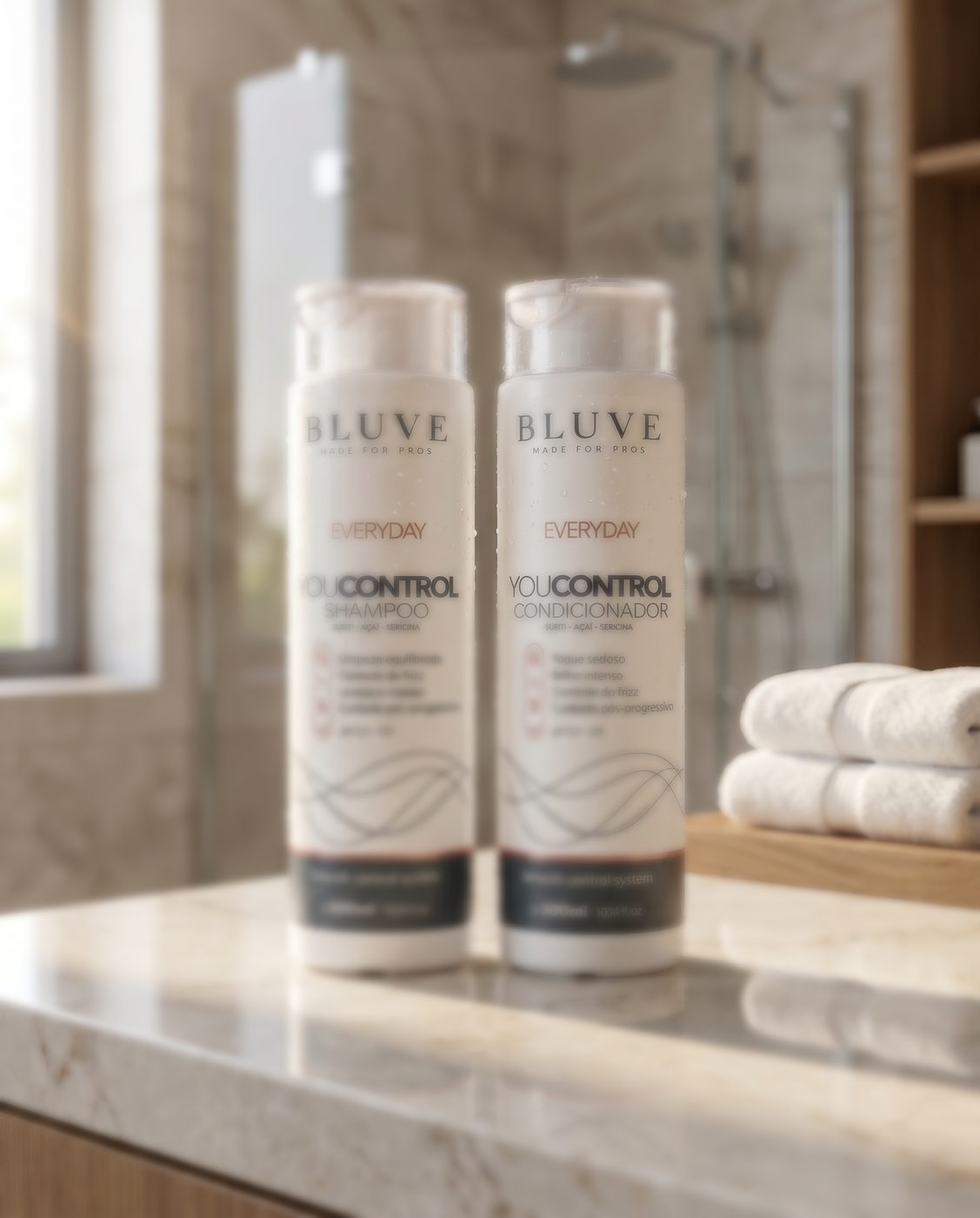Kit Shampoo e Condicionador BLUVE em um banheiro moderno